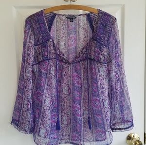 American Eagle Boho Purple Smocked Tassel Top EUC